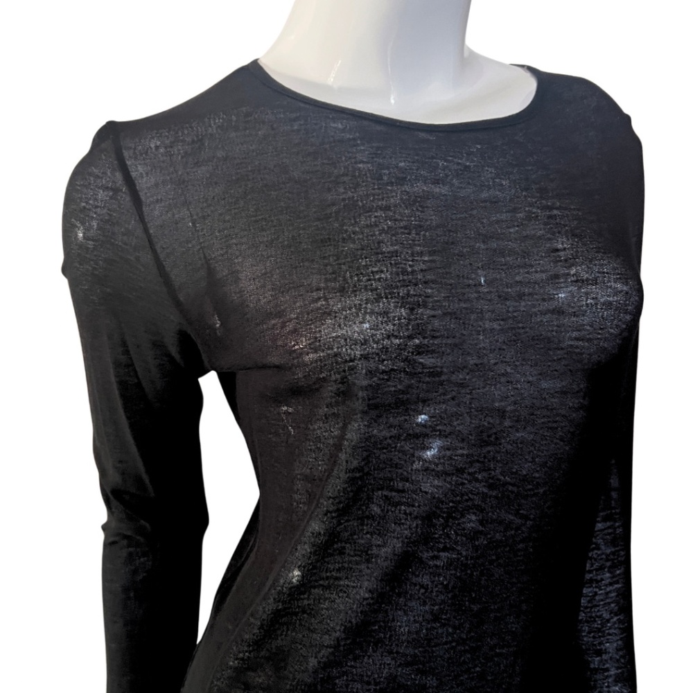 J Brand Sheer Black Long Sleeve Round Neck Top with Shirtail Hem - Medium - Picture 3 of 12